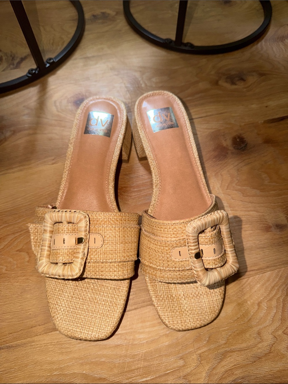 Dolce Vita Tan Raffia Buckle Slide Heels